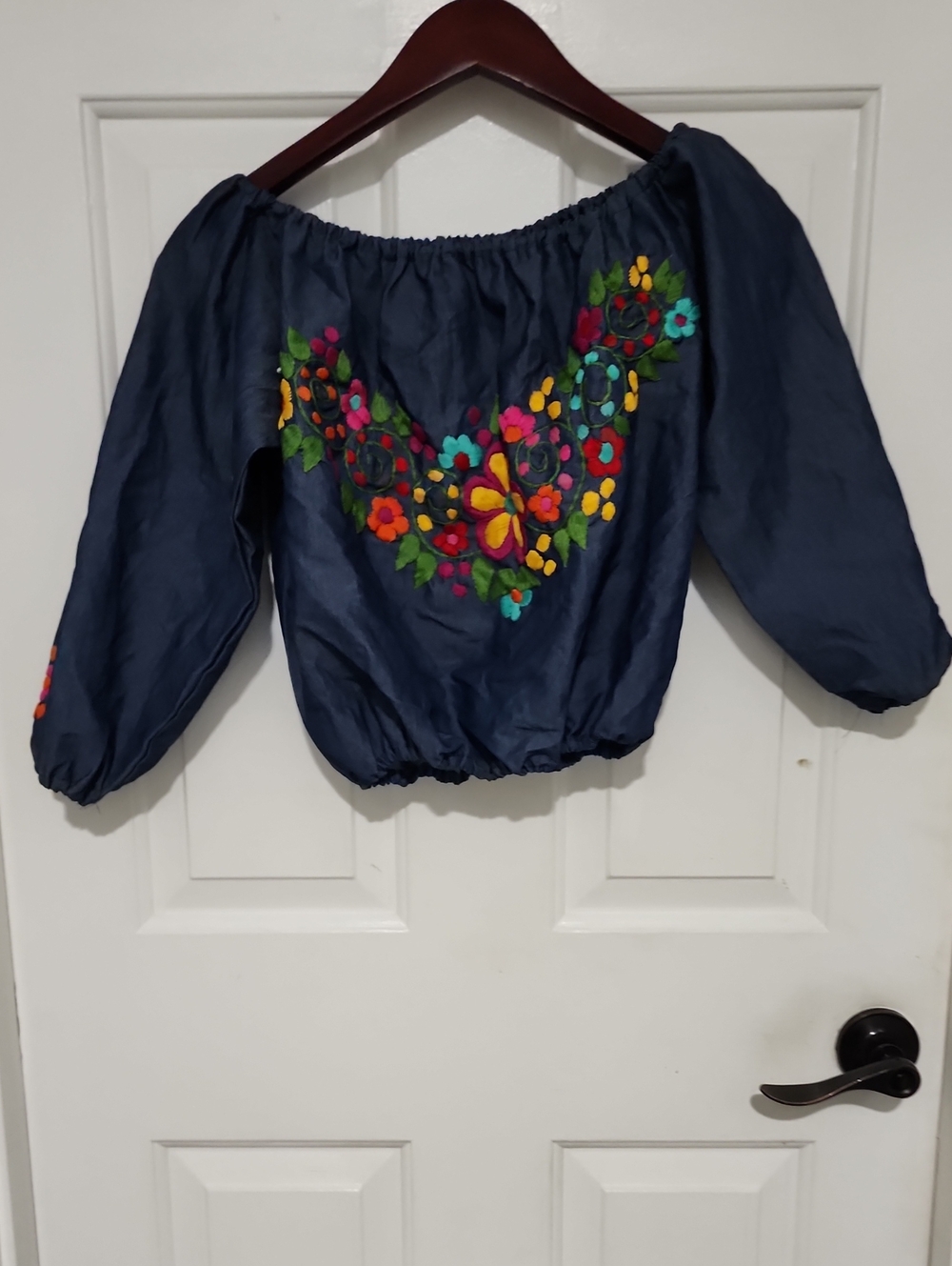 Navy Off-Shoulder Embroidered Floral Peasant Top